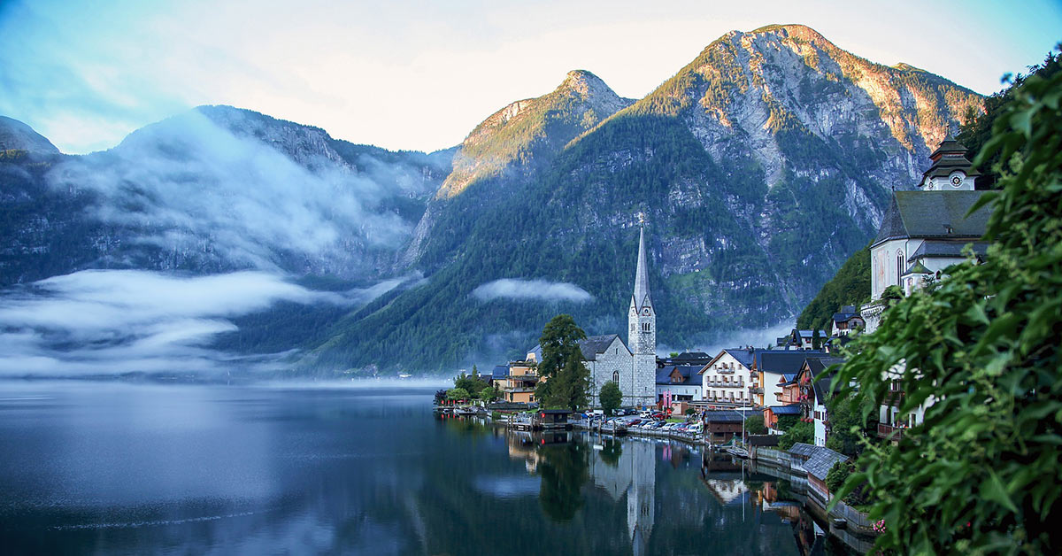 The scenic lake town of Hallstatt Austria with mountains in the background